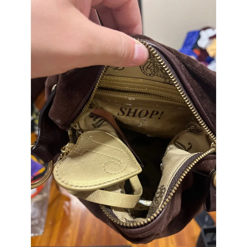 Juicy Couture Vintage Brown Velour Hobo Bag Crown Logo Gold Embroidery Y2K